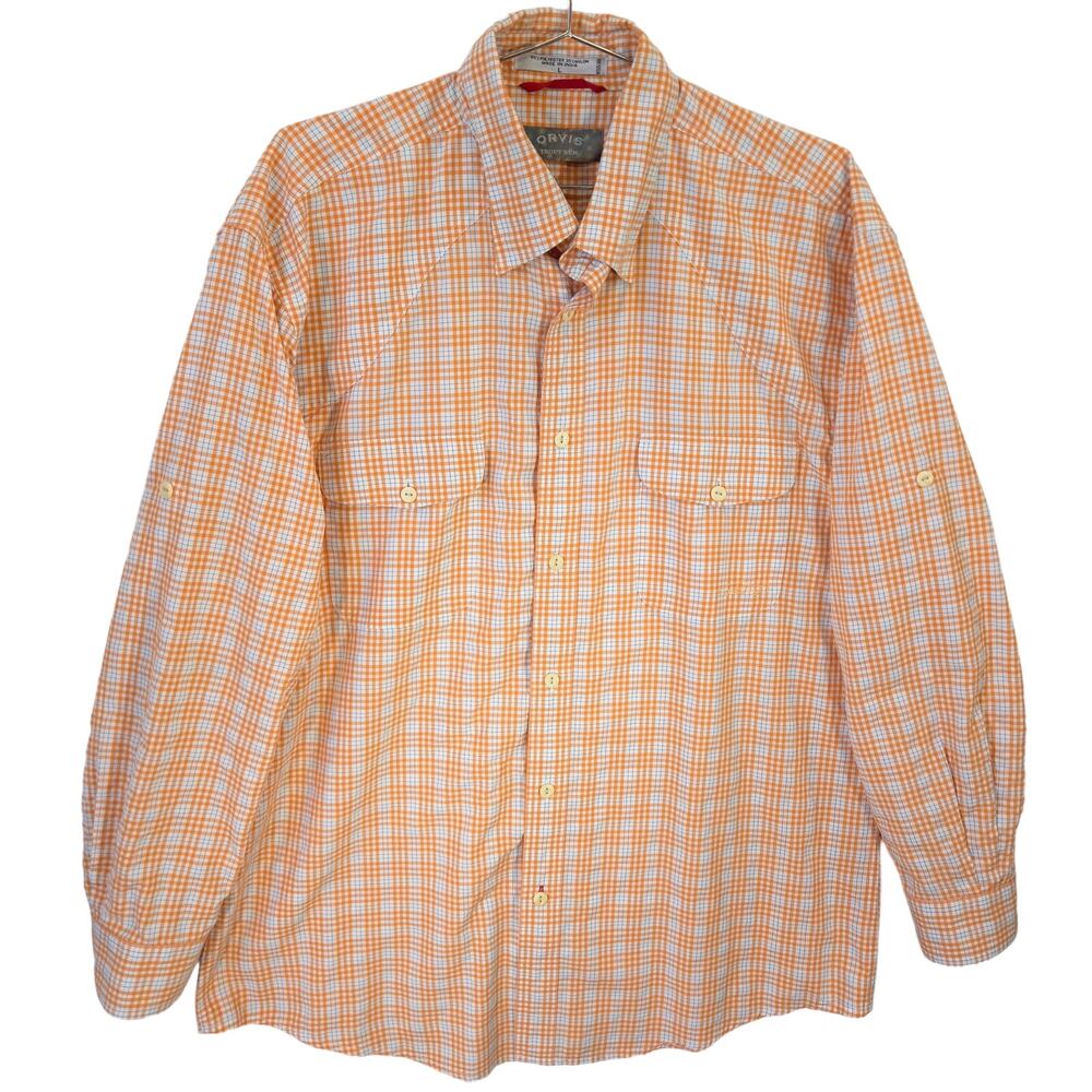 Orvis Shirt Mens L Orange Plaid Trout Bum Performance Long Sleeve Outdoor Hiking